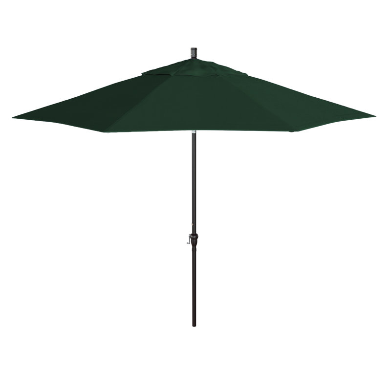 Parasol de patio 11 'en bronze avec inclinaison automatique et manivelle en oléfine vert chasseur, Vert forêt, Oléfine