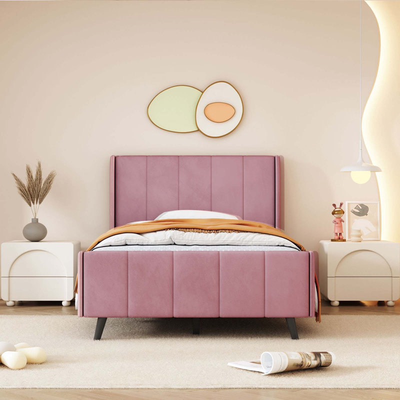 Lit plateforme tapissier, velours, Rose, Lit simple