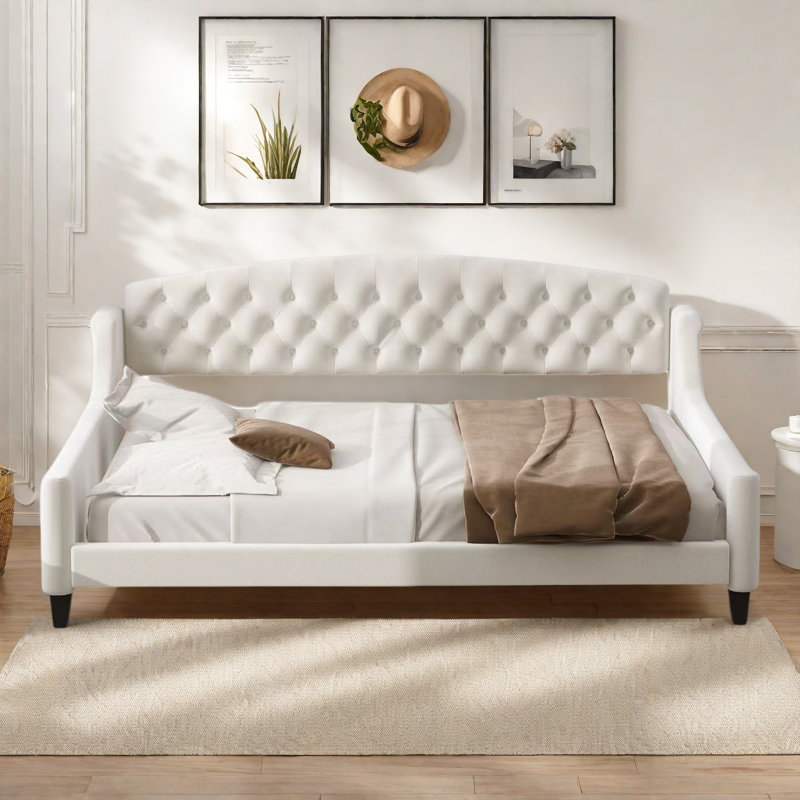 Lit de jour moderne avec bouton capitonné et pieds solides, Beige