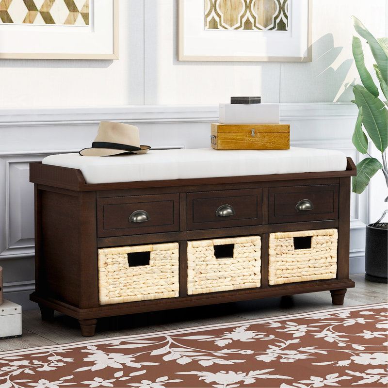 Rustic Storage Bench With 3 Drawers And 3 Rattan Baskets, Espresso