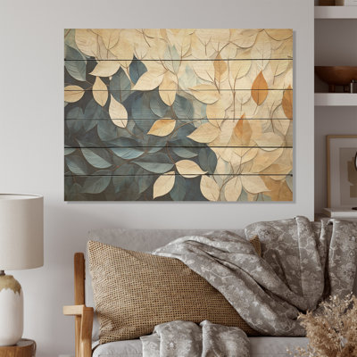 Beige And Blue Minimalism Leaves Collage - Leaves Wood Wall Art On Natural Pine Wood