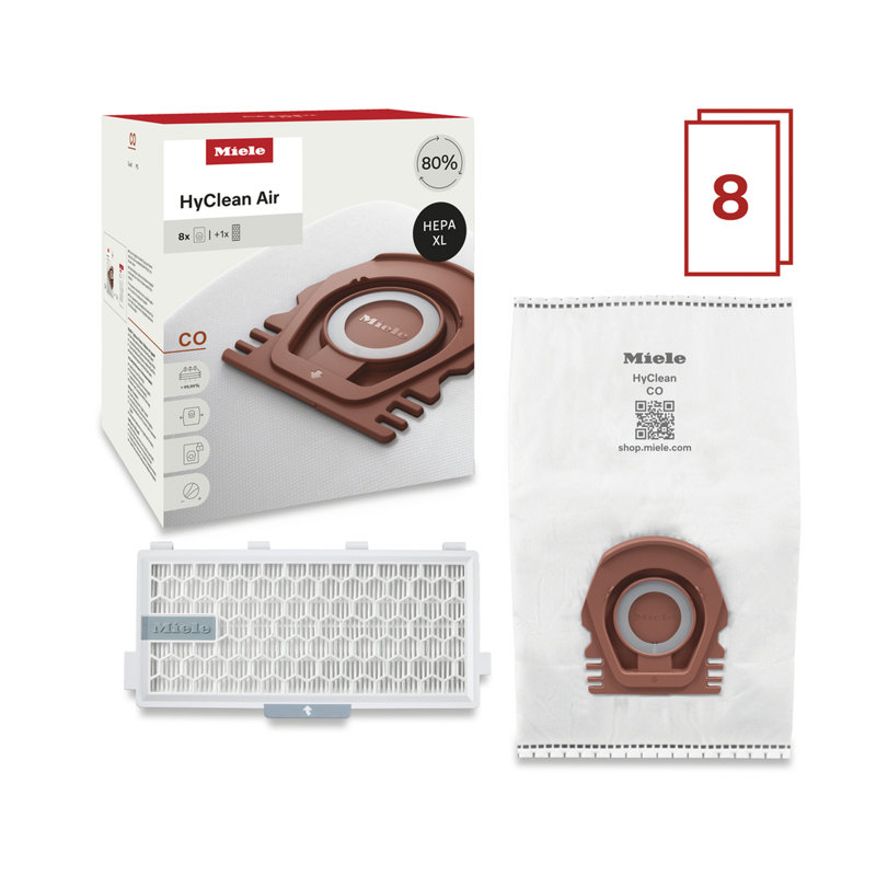 Miele HyClean Air CO Vacuum Cleaner Bags for Miele Guard M1 Vacuum Cleaners, XL Pack of 8 Vacuum Bags and 2 AirClean Exhaust Filters – 12909630
