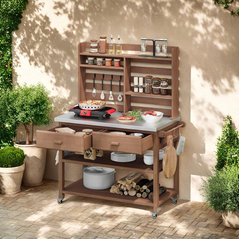 Îlot de cuisine extérieur en bois massif avec huche supérieure, Brun