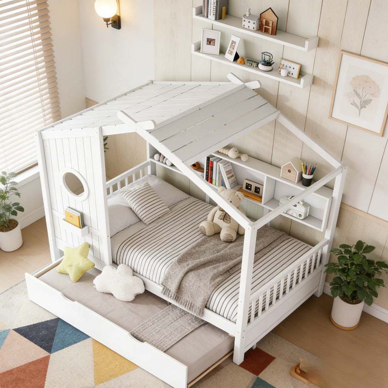 Lit en bois avec couchette, Blanc, Lit double