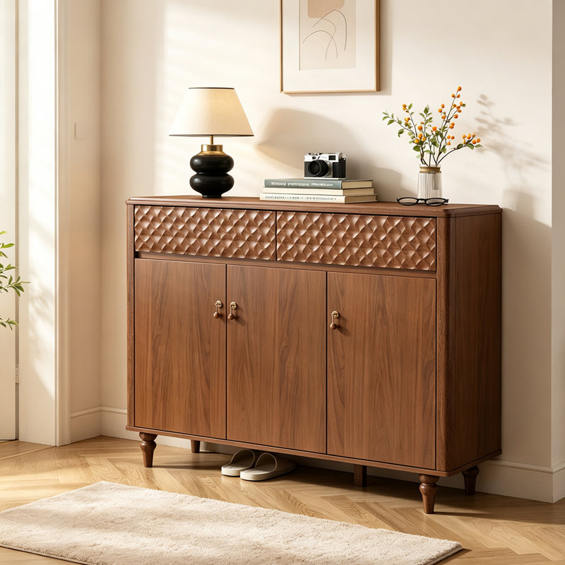 Armoire à chaussures 39,37 po Mid-Century 2 tiroirs 3 portes grande capacité