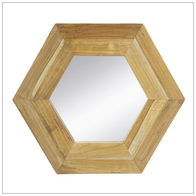 Hexagon Mirror With Natural Wood Frame, Wall Decor For Living Room Bathroom Hallway,