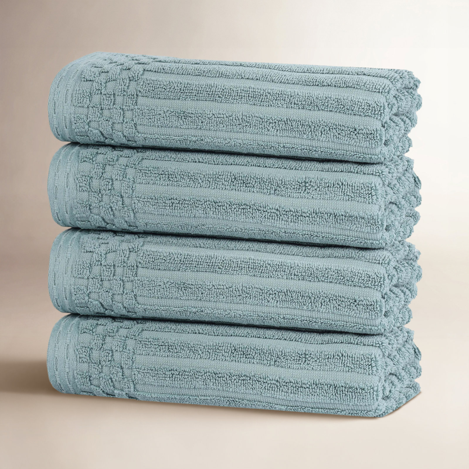 Checkered Border Cotton Hand Towel Set, Green