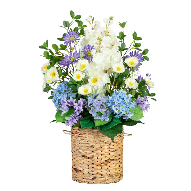 31in. Artificial Mixed Flower and Hydrangea Arrangement in Hyacinth Weave Basket