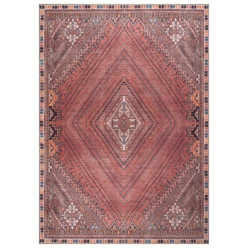 Washable Non-Slip 9' x 12' Rug - Red / Multicolor Traditional Bordered Area Rug, Rectangle 9' x 12'