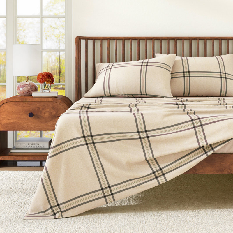 100% Turkish Cotton Plaid Flannel Sheet Sets, Queen Sheet Set with 2 Pillowcases, Wide Plaid Blue & Tan Striped