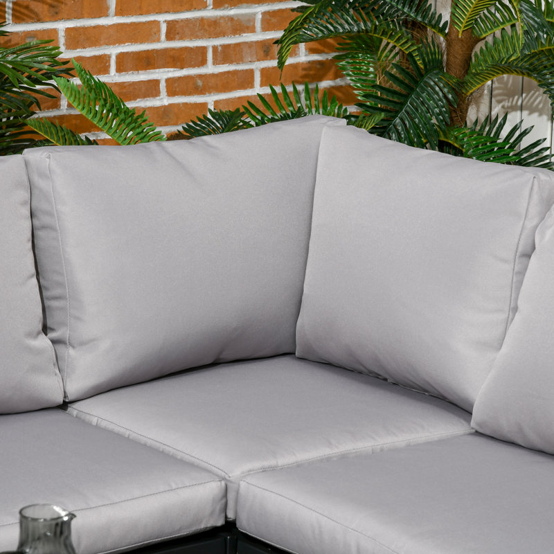 5 Seater Light Grey Garden Corner Sofa Set, 4 Piece Steel Furniture with Glass Top Coffee Table and Mesh Pockets