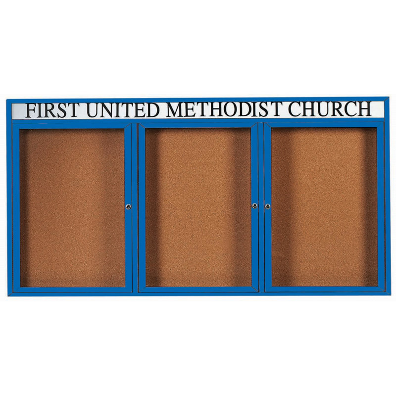 Illuminated Enclosed Wall Mounted Bulletin Board, Powder Coated Blue, Three, 4' x 8'