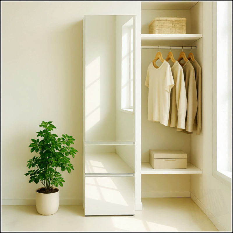 Système de placard modulaire en bois avec miroir Elise, rangement personnalisable pour des espaces de vie organisés et élégants