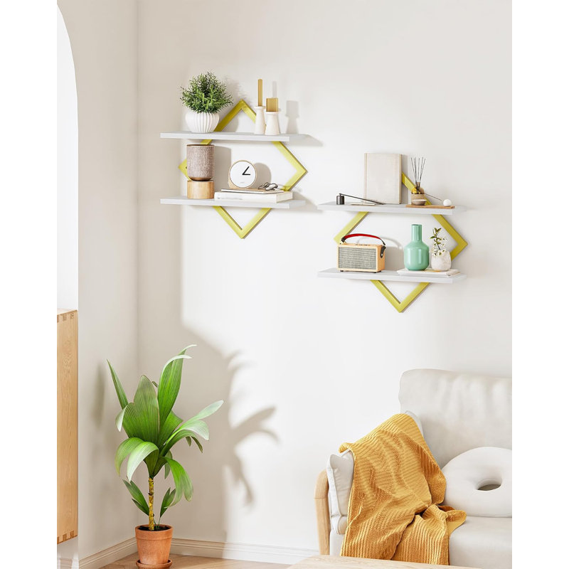Floating Shelves Set Of 2, Wall Mounted Shelves With Diamond Design, 2-Tier Hanging Shelves For Living Room, Bedroom, Kitchen, Office, Study, Sturdy And Space-Saving Storage Solution