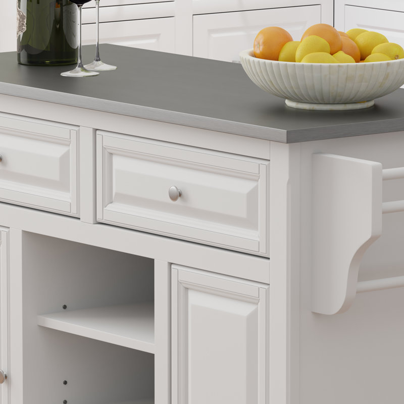 Îlot de cuisine de 52 po de large Raynham, Blanc, Acier Inoxydable