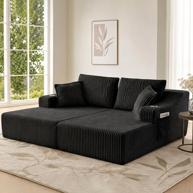 Canapé-lit surdimensionné double de 83 po avec méridienne profonde et 6 coussins, Black Fabric, Black