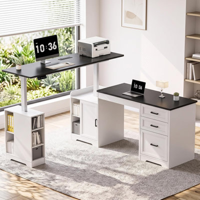Bureau assis-debout électrique en forme de L de 165 cm, bureau d'angle réglable en hauteur avec design réversible, tiroirs et étagères de rangement pour bureau à domicile