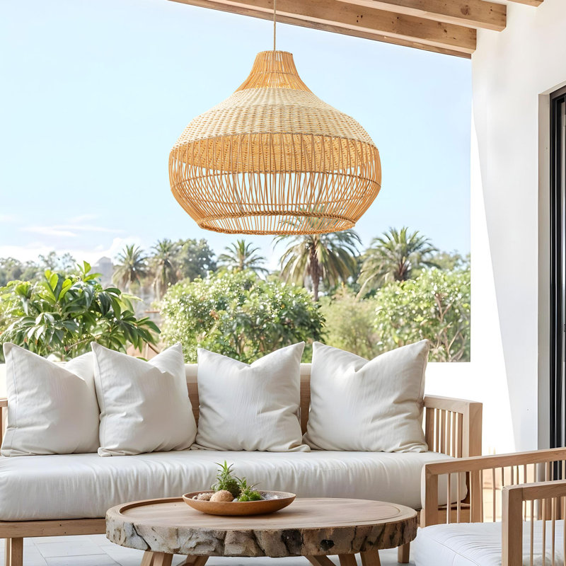 Luminaire suspendu d'extérieur Beatrice en rotin Beaure - large dôme brun naturel 1 lumière tissée à la main réglable pour patio couvert de style bord de mer, bord de mer et plage