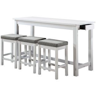 4pc Counter Height Dining - White Wood Table With & Power Stools 3 Outlets