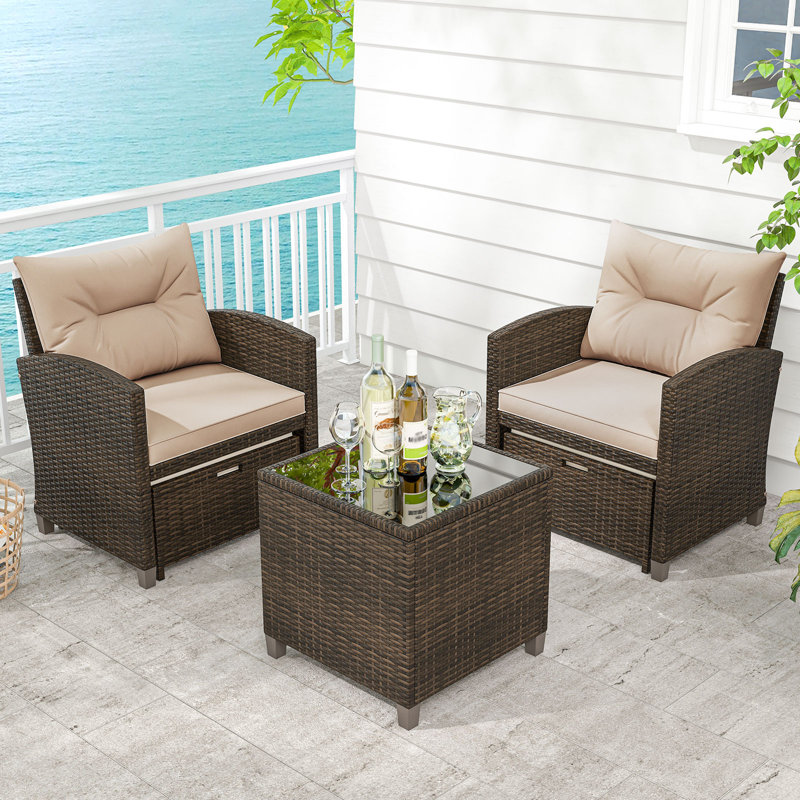 5 PCS Patio Rattan Furniture with 2 Wicker Ottomans & Tempered Glass Coffee Table Mix Brown + Beige