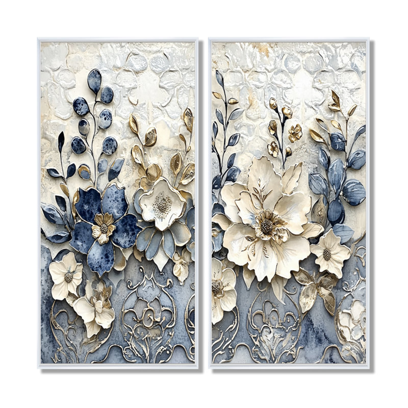 Carreaux abstraits floraux blancs et bleus - fleurs, art mural, ensemble de 2 fleurs dorées, H 32 po x l 32 po, Blanc