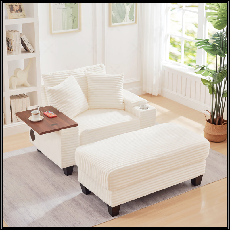 Fluffy Corduroy Storage Armrest Sofa, White