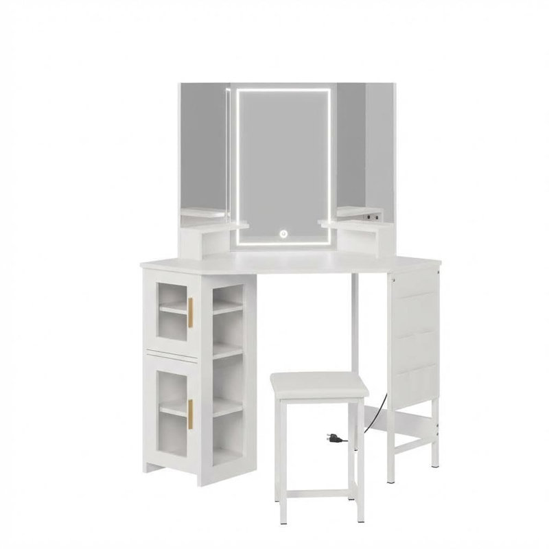 Corner Makeup Vanity Desk with 3-Fold LED Lighted Mirror, Charging Station, Acrylic Door Cabinet, Hanging Storage Bag & Stool, Multifunctional Triangular Dressing Table for Bedroom