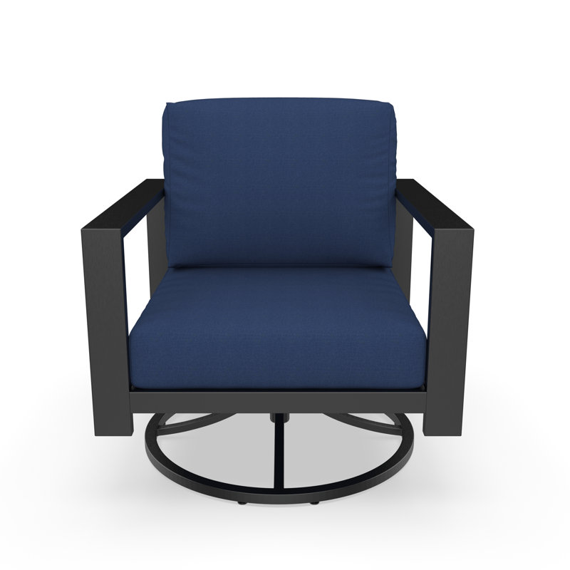 Fauteuil à bascule pivotant Dulcie avec dossier à lattes inclinées, structure en aluminium et coussins Sunbrella, Marine