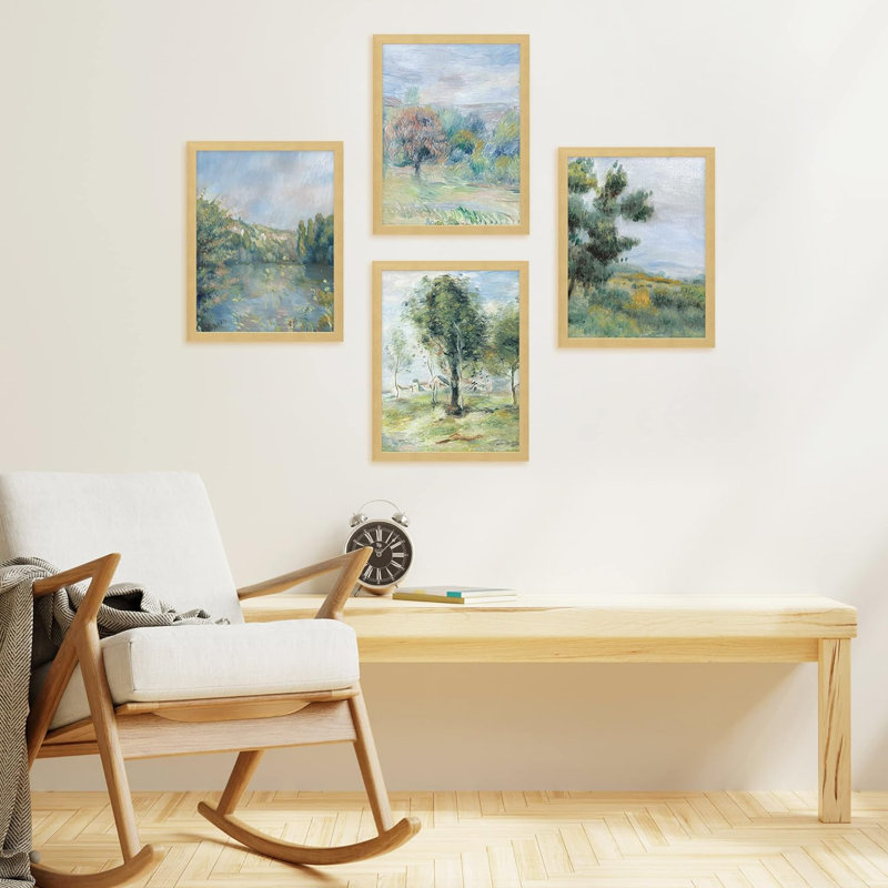 Rustique, pastel, printemps, campagne, campagne, classique, rétro, illustrations, chambre à coucher, décor encadré sur papier, impression de 4 pièces