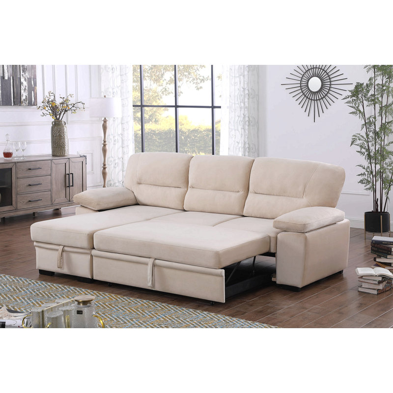 Velvet Fabric Reversible Sleeper Sectional Sofa Chaise, Beige