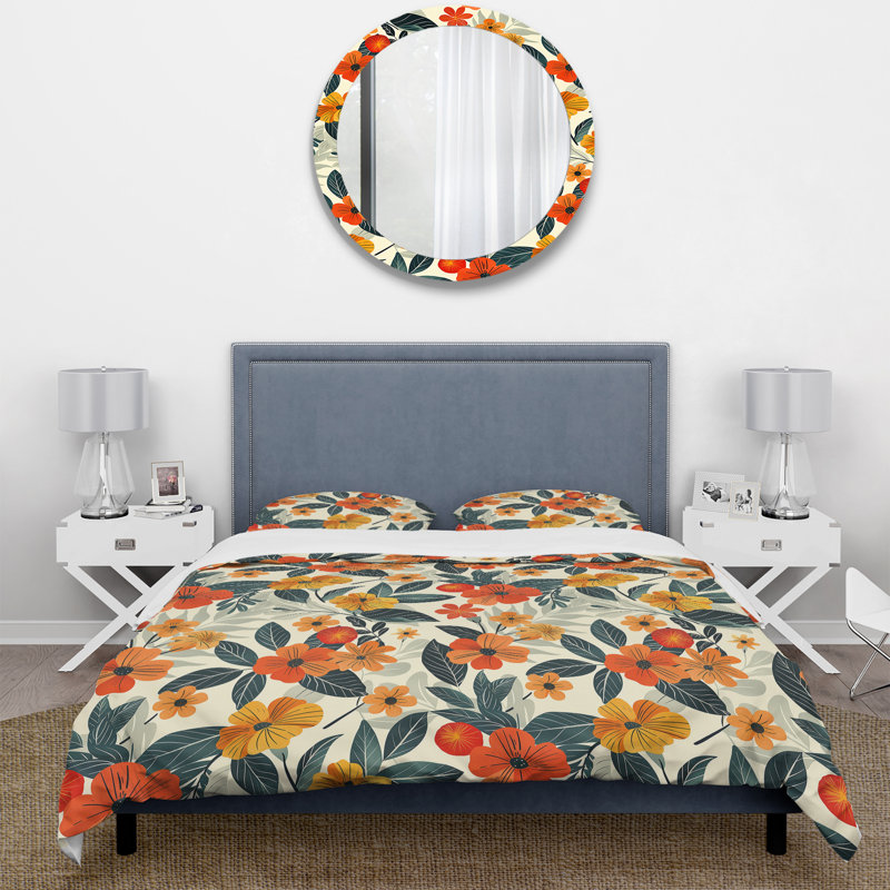 Ensemble de housse de couette orange et vert Midcentury Flower Gardens - Midcentury Flowers