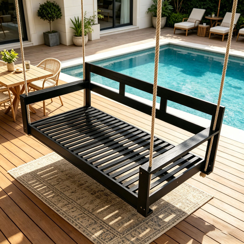 Balancelle de patio en bois pour lit de balançoire, banc de jardin avec 4 cordes de suspension, Noir