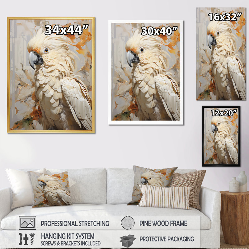 Perroquet beige à plumes élégance II, Cadre simple blanc, H 20 po x l 12 po x P 1 po