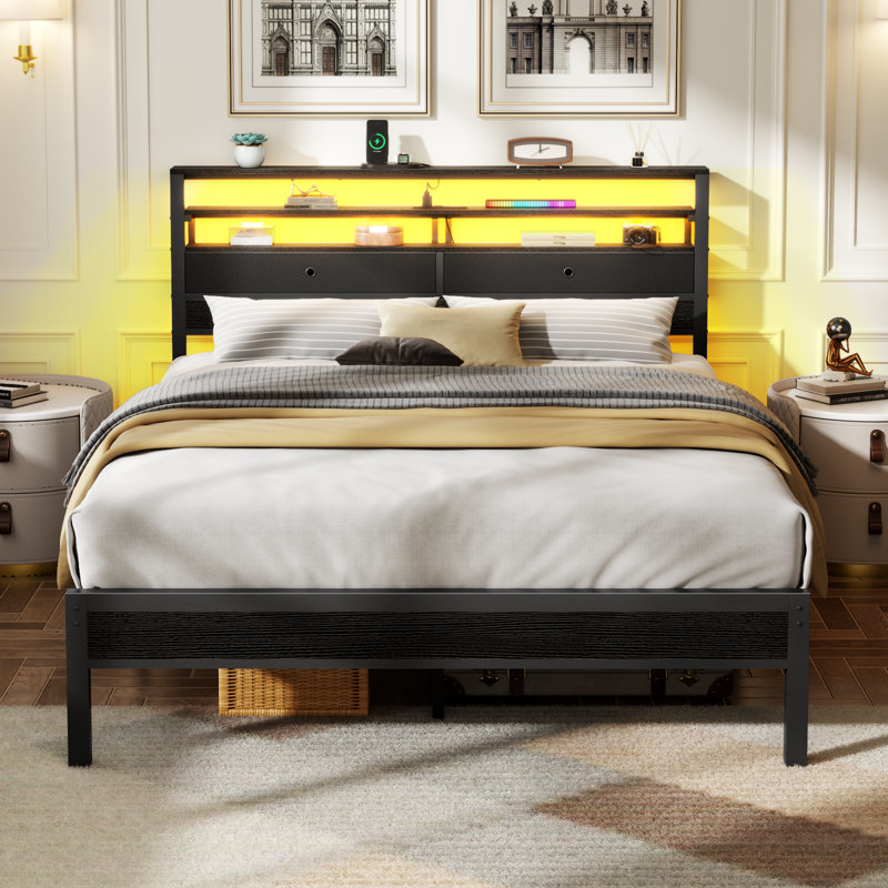 Black Oak & Metal Bed Frame with LED Lights, Charging Station, Storage Shelves & 2 Fabric Drawers, Noise-Free Metal Slats Support, No Box Spring Needed