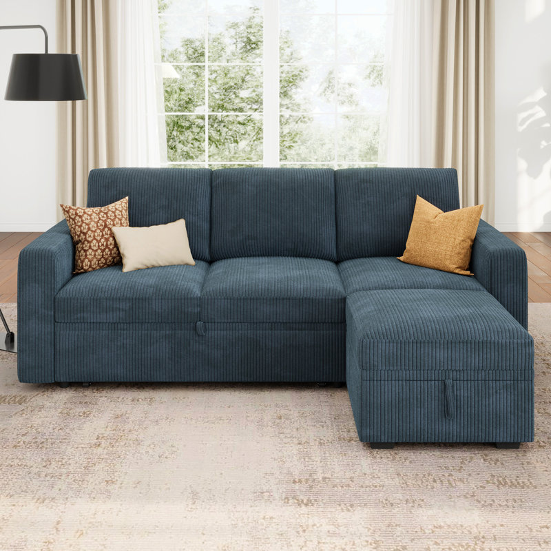 Anureet L-Shaped Sectional Modular Sofa Bed With Storage Seat, Blue Corduroy