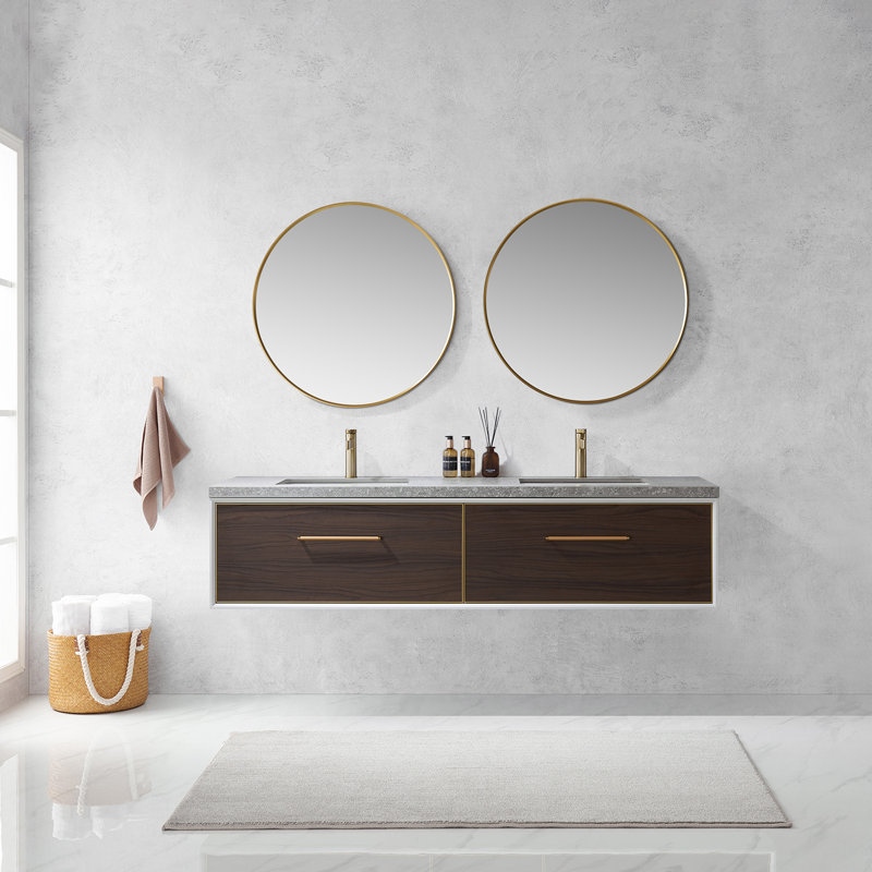 Ensemble de meuble-lavabo double 72 "avec miroir, Noyer foncé, Or mat