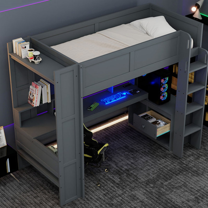 Lit mezzanine simple en bois avec bureau, tablettes multiples, Lit simple