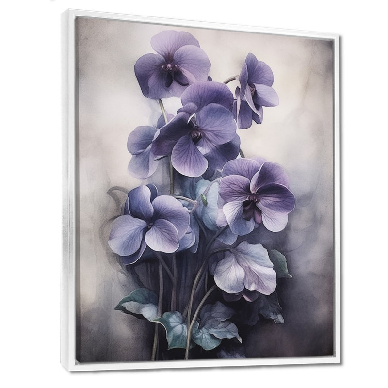 Mauve gris, violettes, rêve II - art mural floral, H 44 po x l 34 po x P 1,5 po, Cadre flottant blanc