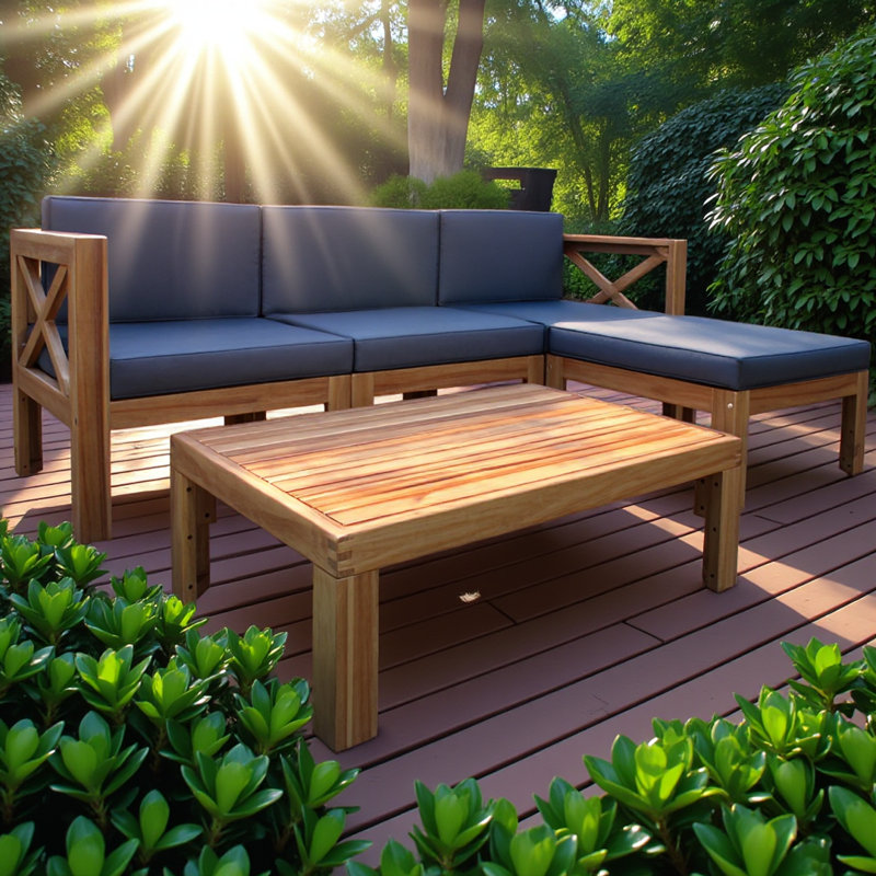 Ensemble de conversation modulaire d'extérieur en bois pour patio 5 pièces avec coussins, finition naturelle et coussins bleus