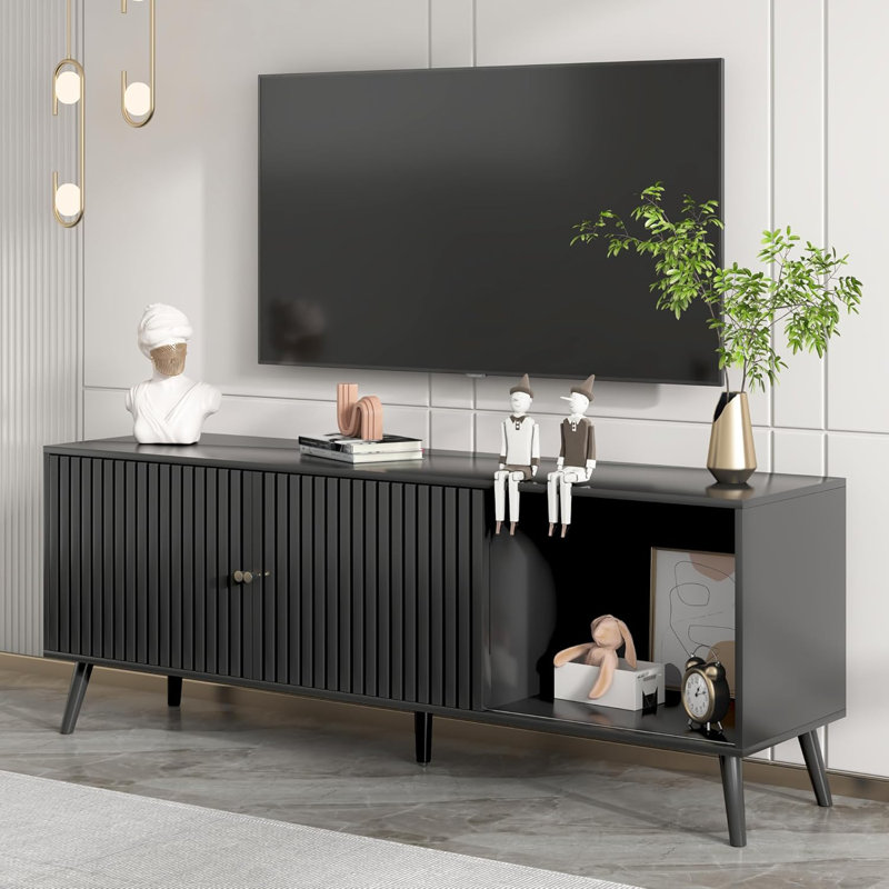 Black Mid-Century Modern TV Stand with Sliding Doors and Storage
