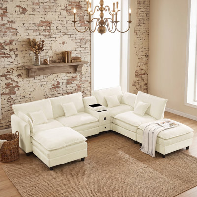 Canapé modulaire modulaire en L avec méridienne réversible, port de charge USB, tiroir de rangement coulissant et console porte-gobelet rabattable - Canapé à coussin amovible pour le salon
