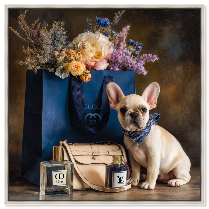 Impression sur toile Frenchie, Cadre argenté, H 20" x l 20" 