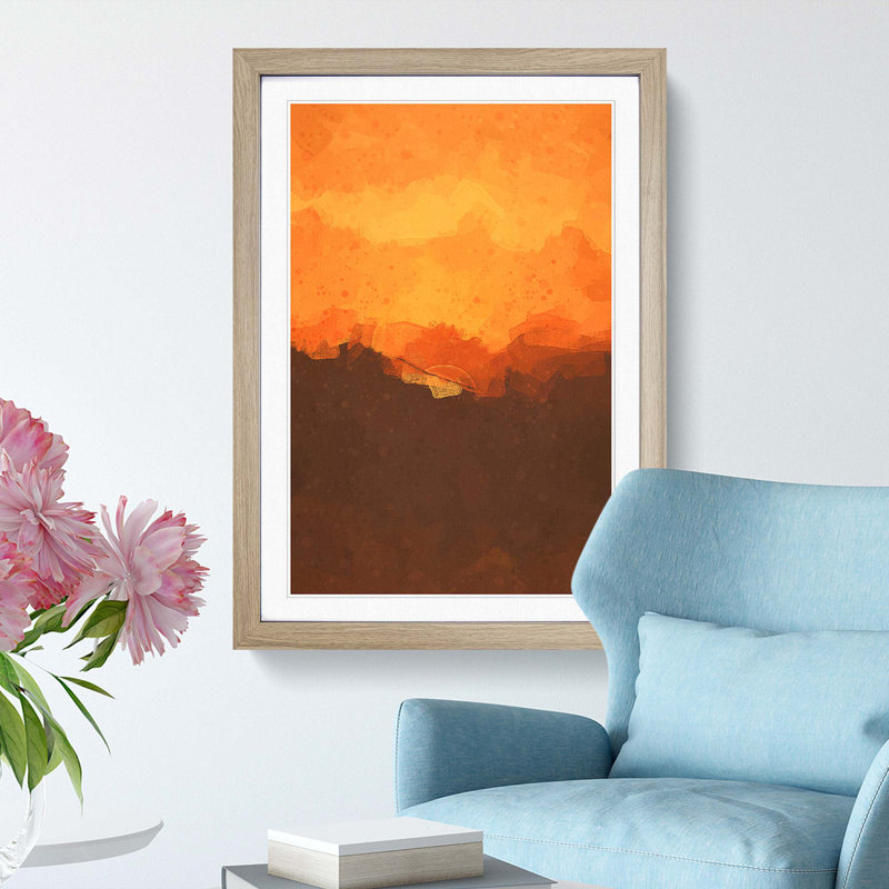 Orange Sunset Abstract Art - Picture Frame Graphic Art Print, 65cm H x 48cm W x 2cm D, Oak Framed