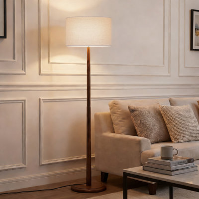 Lampe sur pied moderne en bois de noyer 61 po avec abat-jour tambour en lin crème, certifiée cULus pour les tables d'appoint de salon, les coins de chambre à coucher, les bureaux à domicile ou les salles d'étude