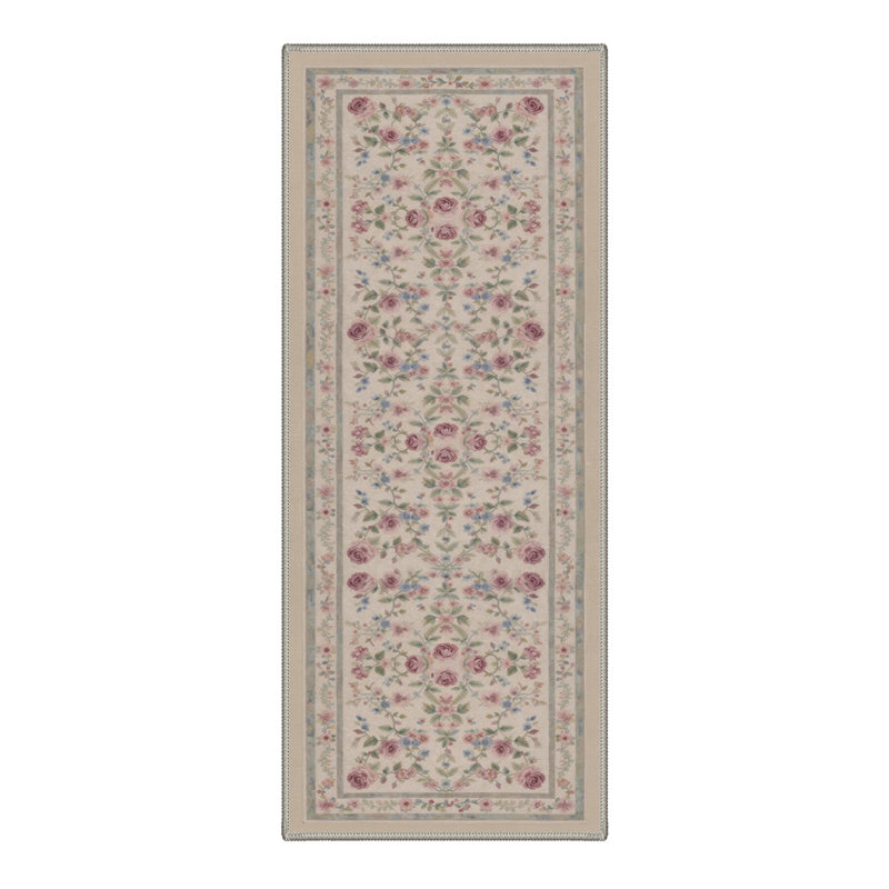 Abbey Floral Machine Washable Pink / Beige / Green Indoor Area Rug with Non-Slip Backing, Runner 2' x 6'