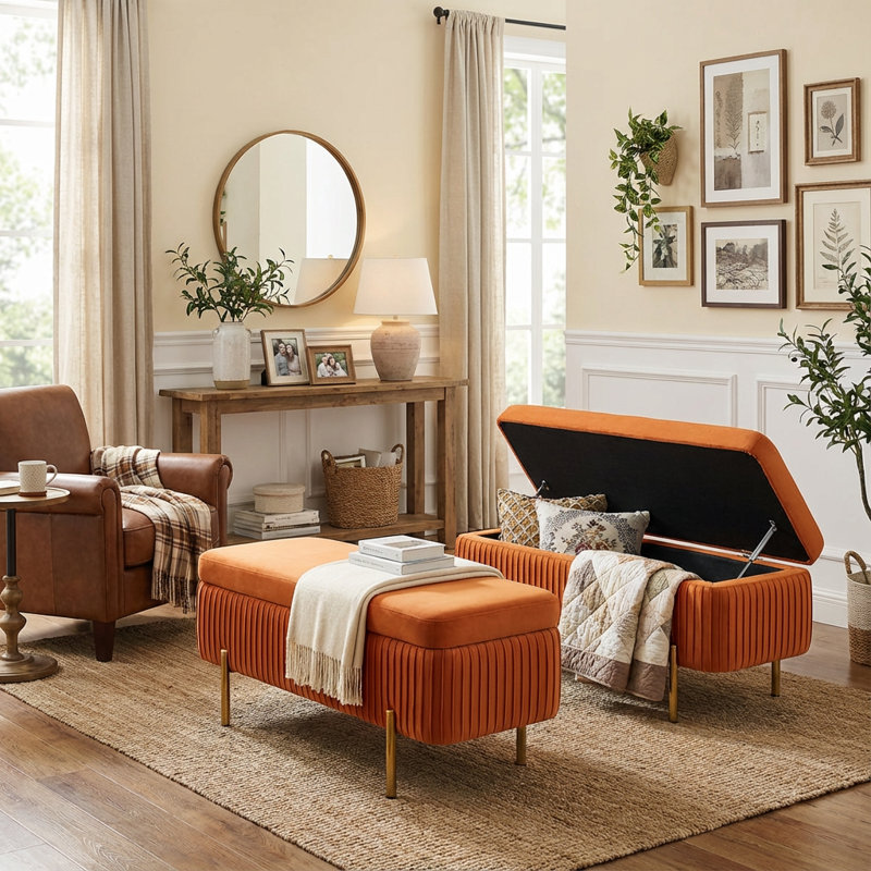 Leaysia Velvet Upholstered Flip Top Storage Bench, Orange