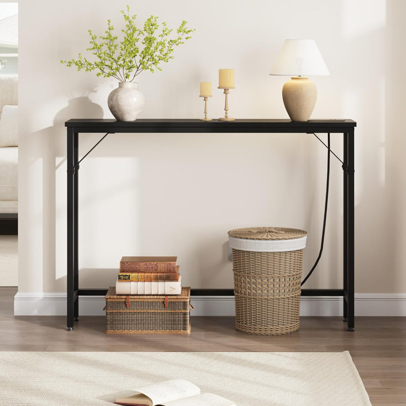 Console avec prises de courant de 39,3 po Geron, canapé compact avec rangement, Noir