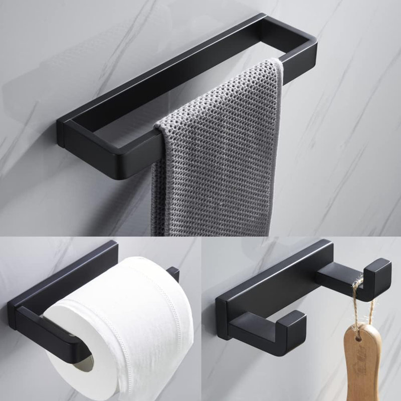 Premium Stainless Steel Bathroom Hardware Set - Wall Mounted Towel Hook, Towel Bar, And Toilet Paper Holder With Matte Black Finish