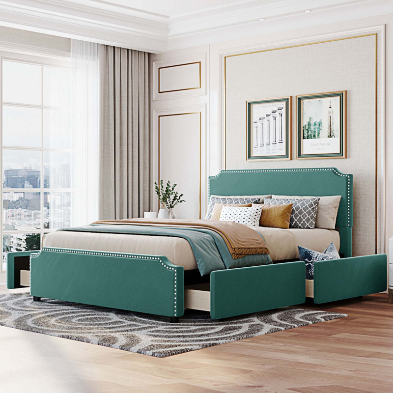 Grand lit plateforme de rangement tapissier, Vert