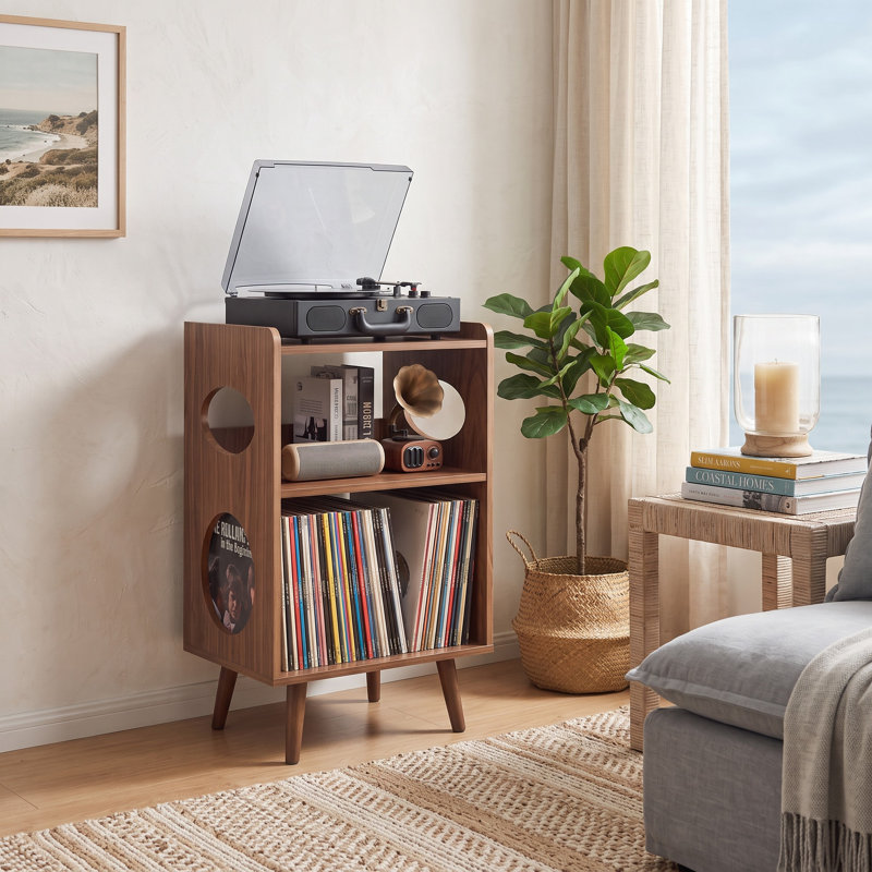 Support pour tourne-disque classique en noyer avec rangement en vinyle, station de charge USB et présentoir d'albums